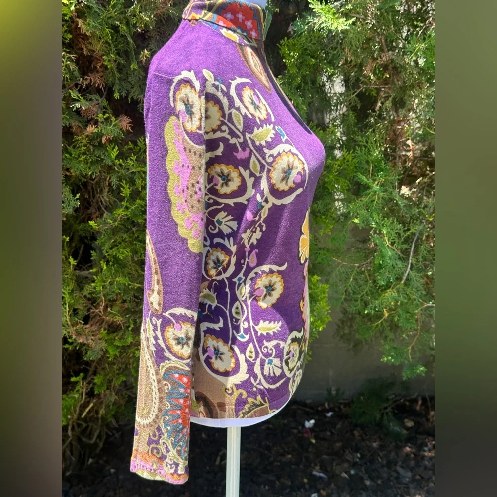 Etro Floral Paisley Printed Purple Fitted Turtleneck Graphic Blouse Size 48 - Picture 2 of 4